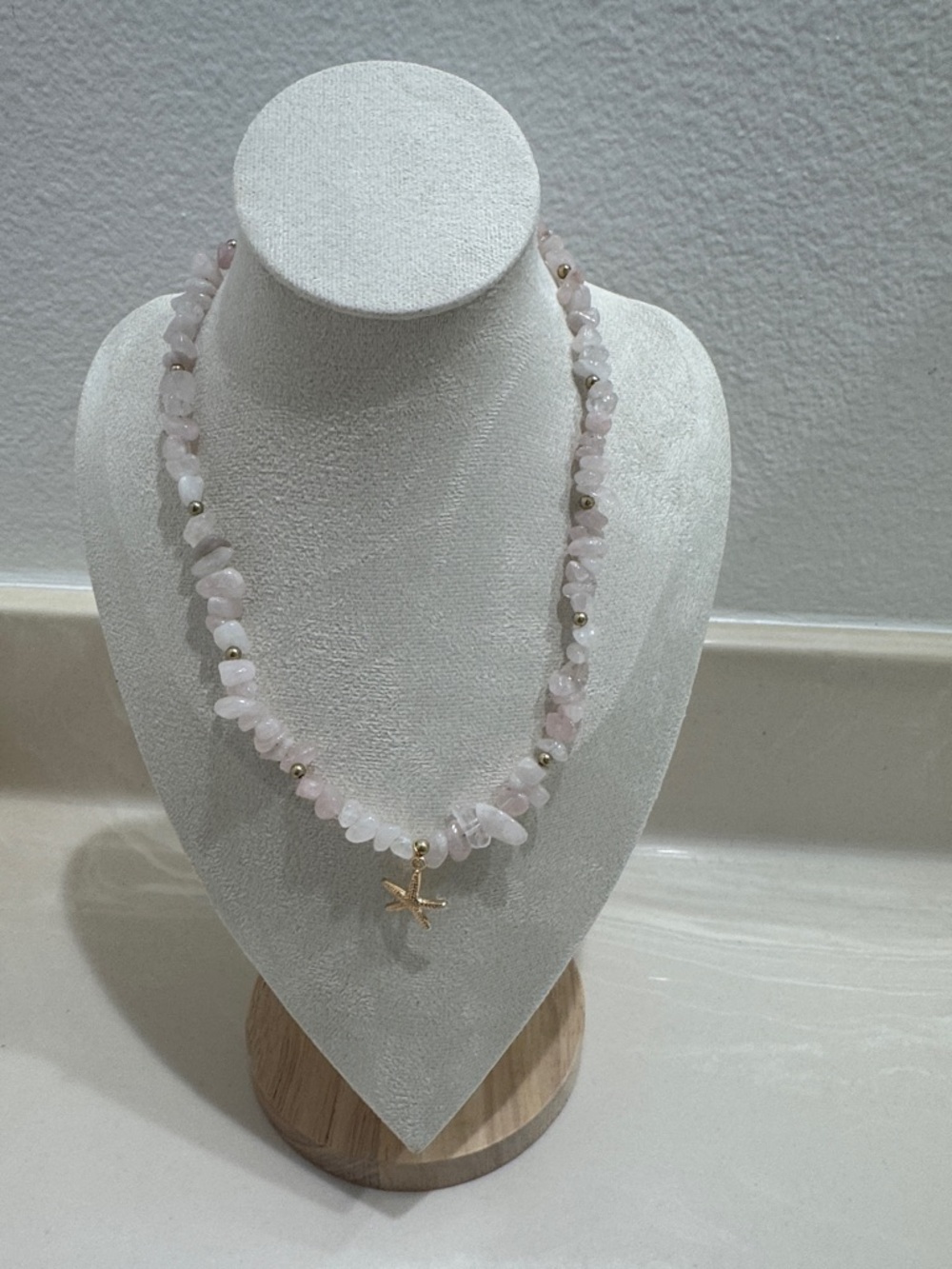 Pink Rose Quartz Chip Necklace with Gold Starfish